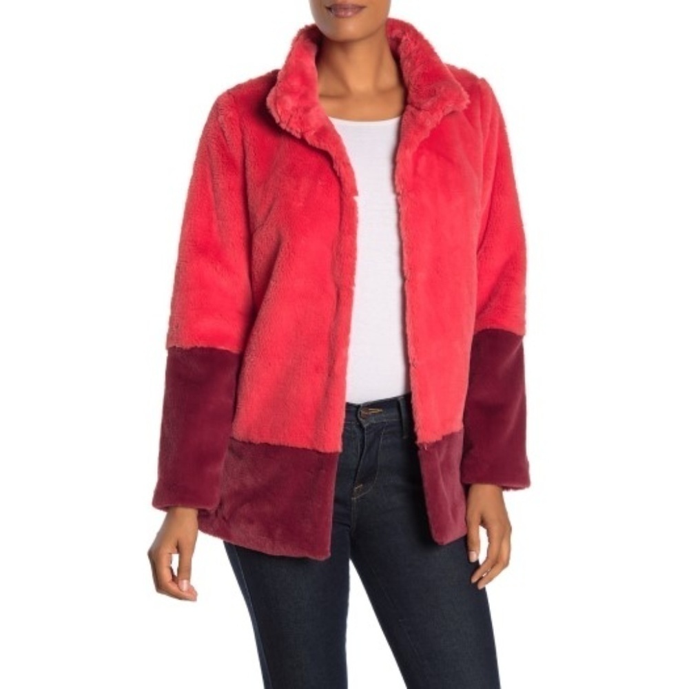 Trina Turk 'Blanche' Colorblock Faux Fur Jacket, Coral/Wine